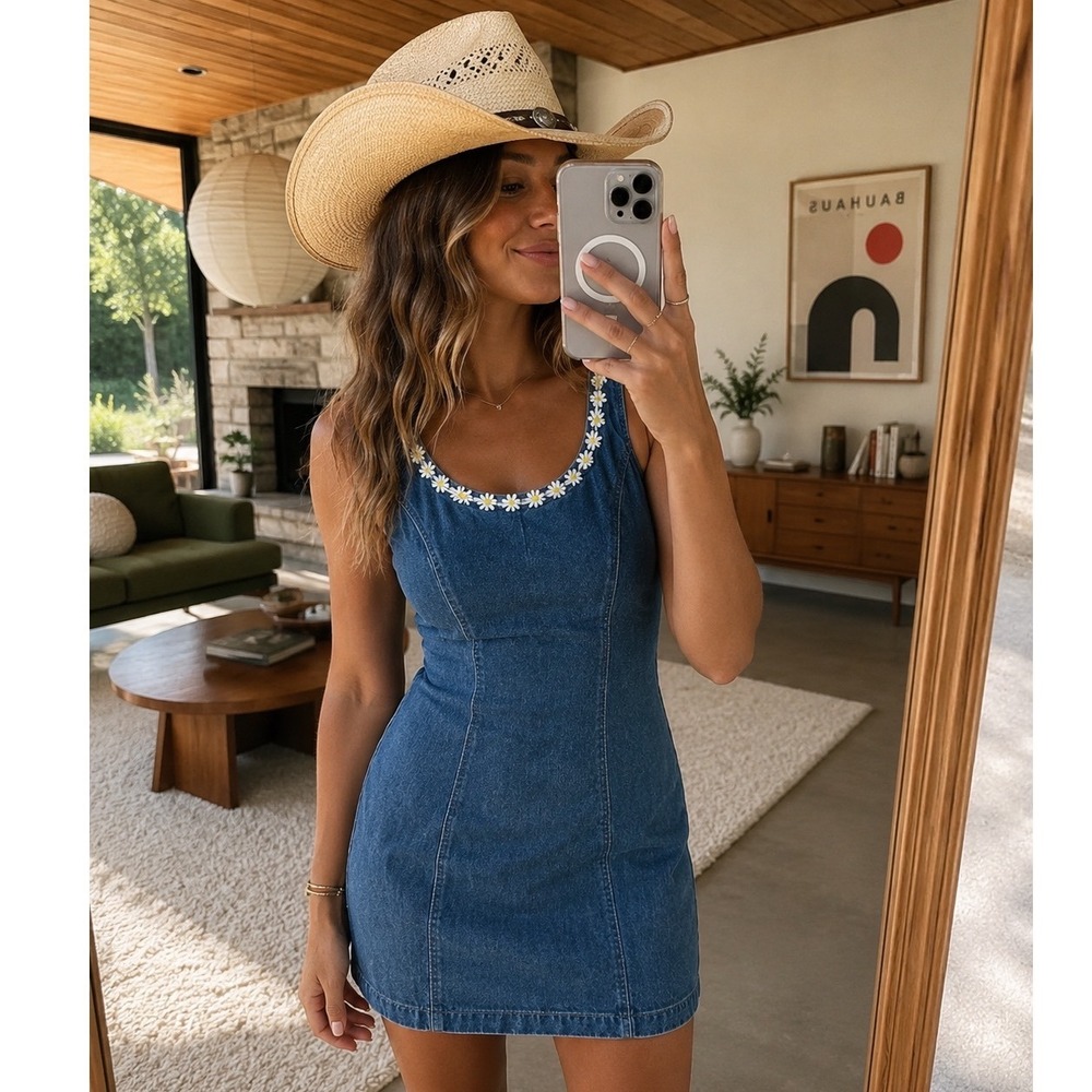 Marnie West Vintage 90s Denim Daisy Trim Mini Dress Blue Sleeveless Size 12